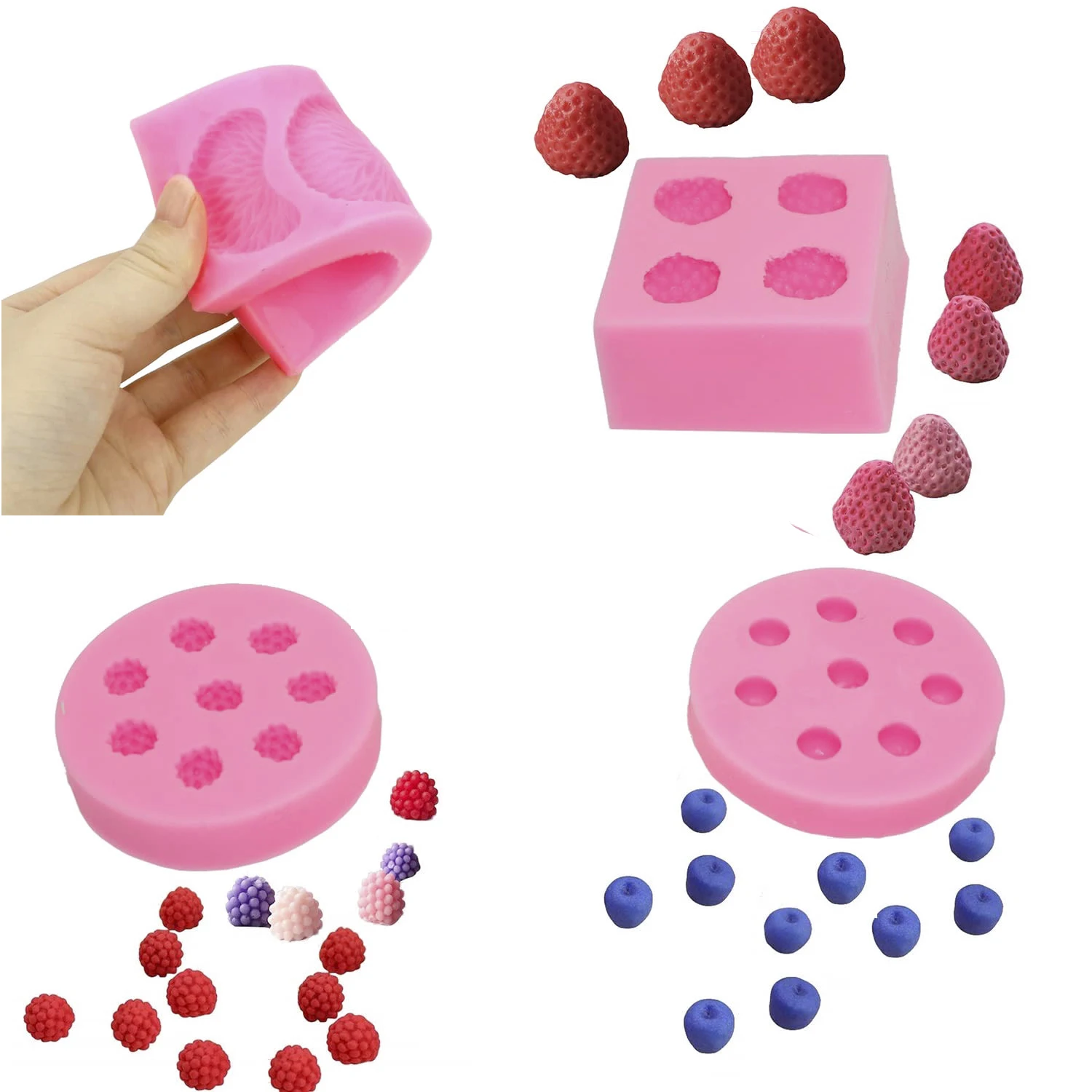 Fruit Shaped Jelly Molds 3d Strawberry, Orange,Raspberry & Blueberry Silicone Fondant Molds Soap Embed Molds Candy Decoration