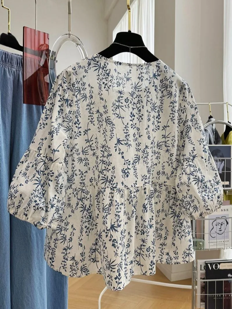 Women Floral Print Blouse Korean Fashion Casual Loose Tops 2024 Summer Round Neck Holiday Style Shirts