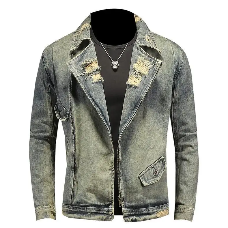 

Motorcycle Denim Jacket Men Autumn Trendy Washed Distressed Suit Collar Coat Top