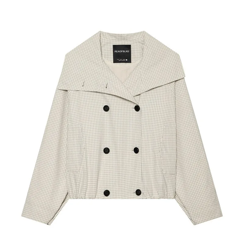 Women 2026 Spring Autumn New Hot Selling Plaid Wrap Collar Loose Raglan Sleeve Cropped Jacket Coat Outerwear Trendy Chic Elegant