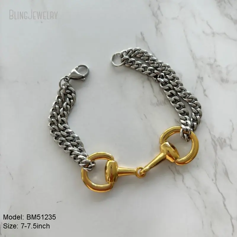 10pcs Gold Color Silver Plated Snaffle Bit Horsebit Equestrian Stainless Steel Chain Bracelet Women Stacking Statement Jewelry