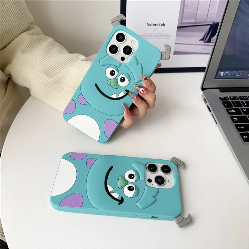 3D Cute Cartoon Monsters University Sulley Shockproof Phone Case For iPhone 13 14 15 Pro Max 11 Demon Horn Protect Cover