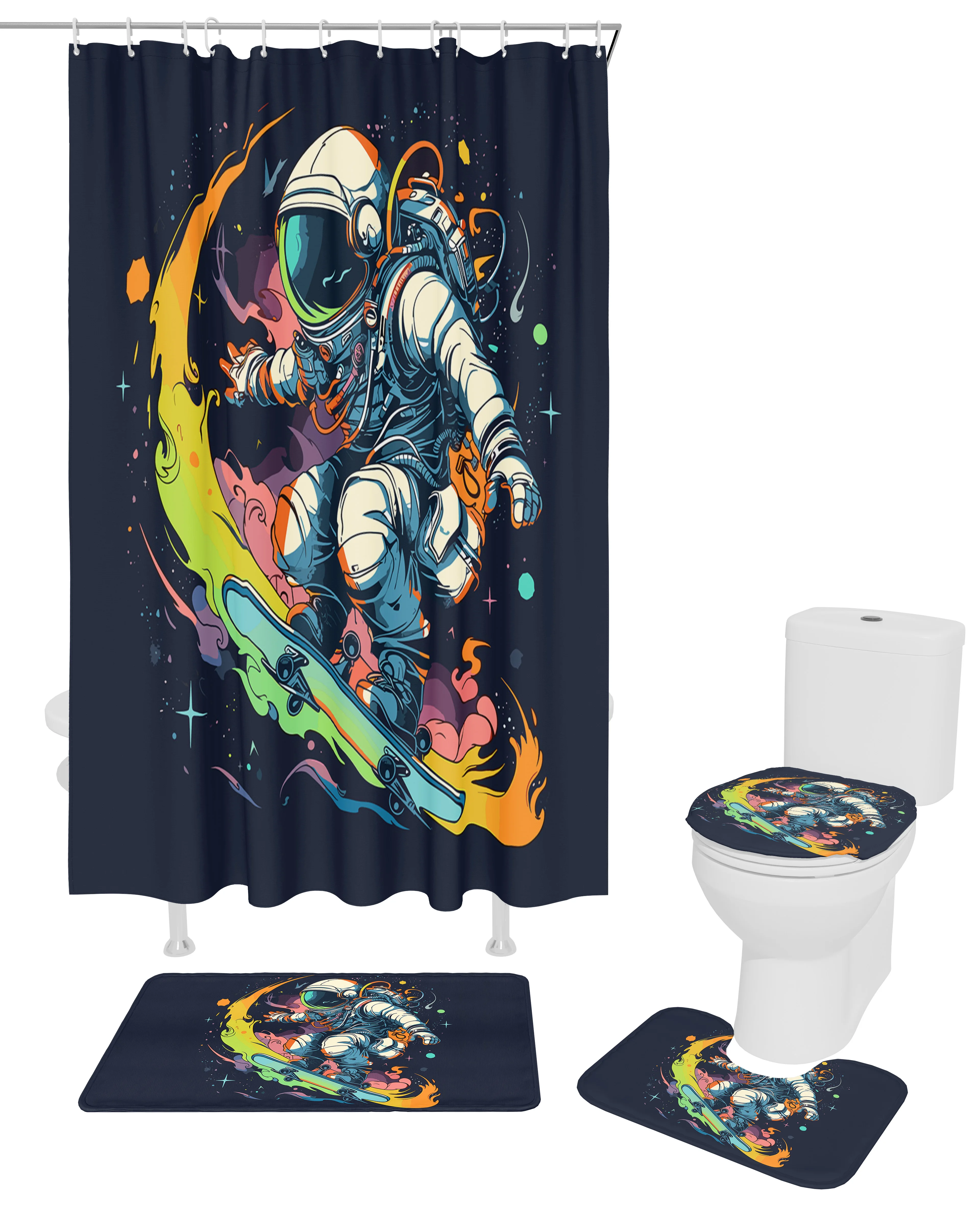 Sporty Astronaut Skateboard Shower Curtain Non-Slip Rugs Toilet Lid Cover and Bath Mat Bathroom Curtains with Hooks