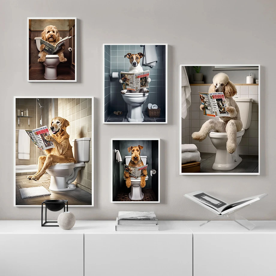 1pc frameless Canvas Painting Funny Bathroom Poster Dog Reading Newspaper On Toilet Prints Pet Owner Gift Canvas Painting Wall A