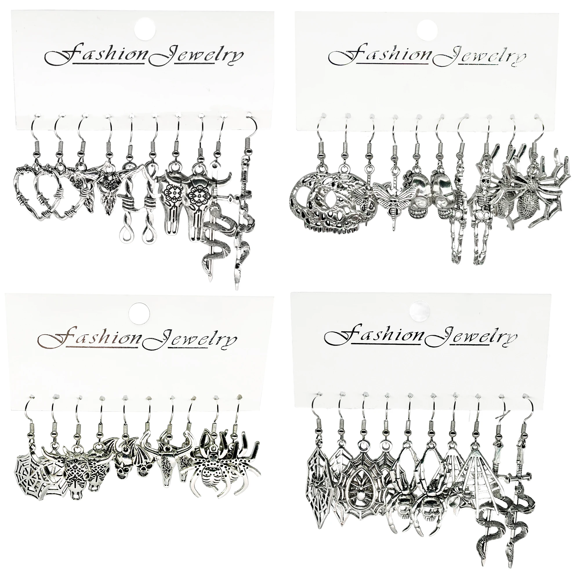 5 Pairs/ Set Halloween Metal Dangle Earrings Retro Skull Bat Spider Sword Snake Shape Goth Style Alloy Ear Set For Women Jewelry