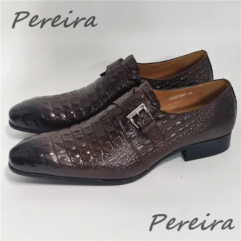 Men's Crocodile Print Business Casual Shoes Classic Genuine Leather Pointed Toe Buckle Derby Shoes Trendy Party Formal Oxfords