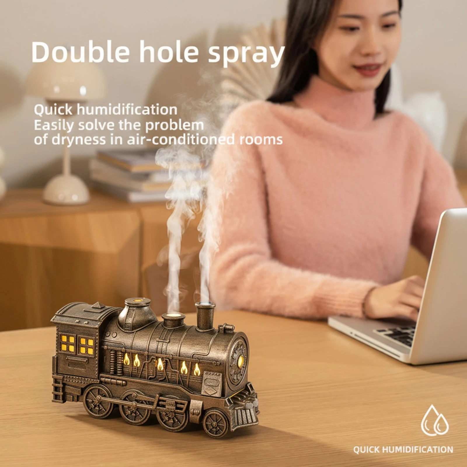 

300ML Vintage Steam Train Air Diffuser Humidifier with 2-Color LED Light Essential Oil Diffuser Aromatherapy Diffuser Home Decor