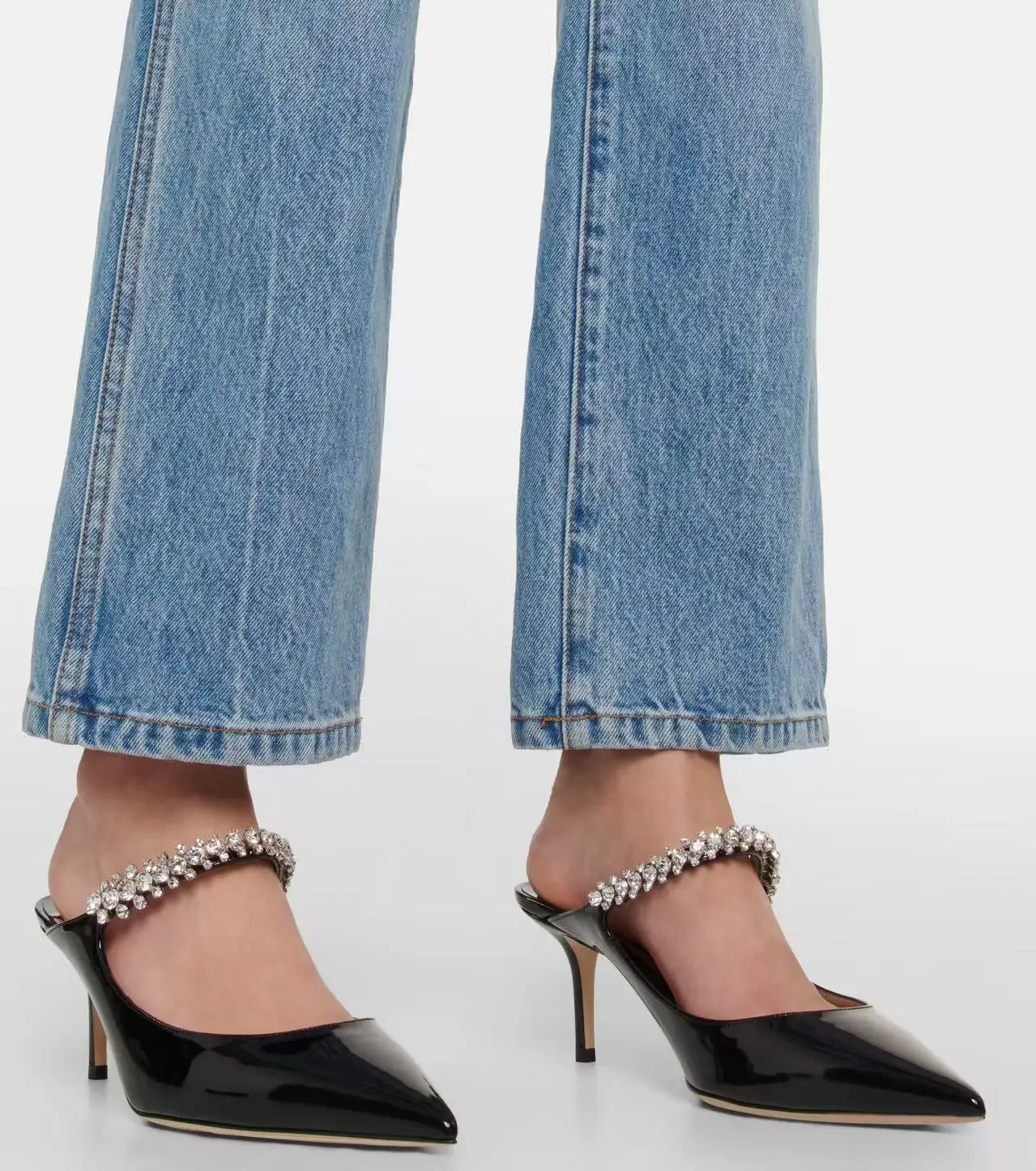 

Patent Leather Rhinestone Pointed Slippers Stiletto Wedding Sandals Slip-On Mules Banquets Women Shoes Sandalias Mujer Verano