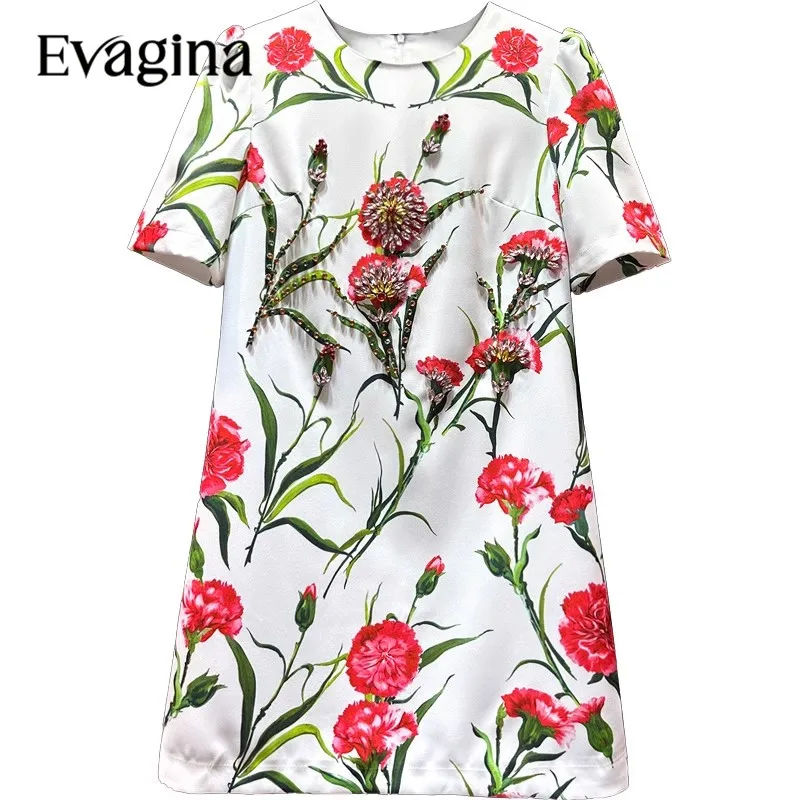 

Evagina Fashion Diamond Inlay Vintage Print Mini dress Spring Summer Women's Short Sleeved 2023 New Holiday Dresses