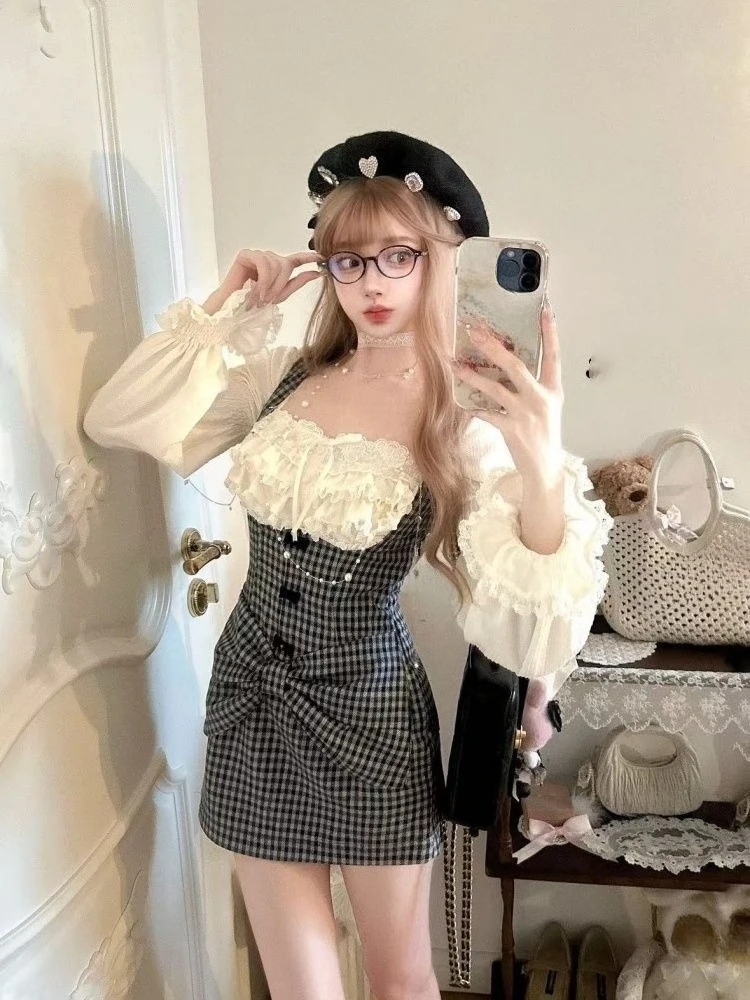 

Japanese Style Sweet 2 Piece Set Woman Solid Lace Blouse Tops High Waist Y2k Mini Dress Elegant Plaid Dress Korean Fashion Suit