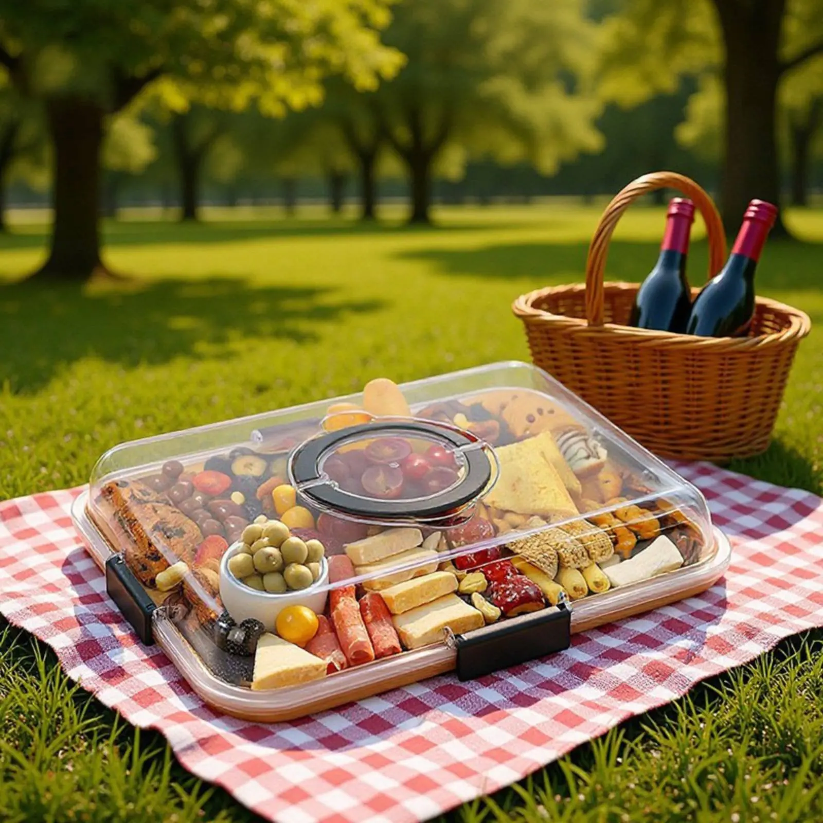 Divided Snack Platter with Handle Secure Latches Portable Cheese Board with Cover Bamboo Serving Tray with Lid for Party Hosts