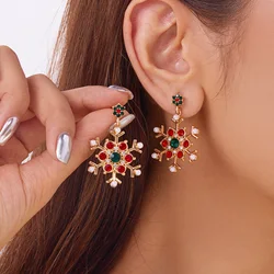 Fashion Christmas Snowflake Stud Earrings For Women Crystal Zircon Pearl Dangle Piercing Ear Jewelry New Year Party Gifts