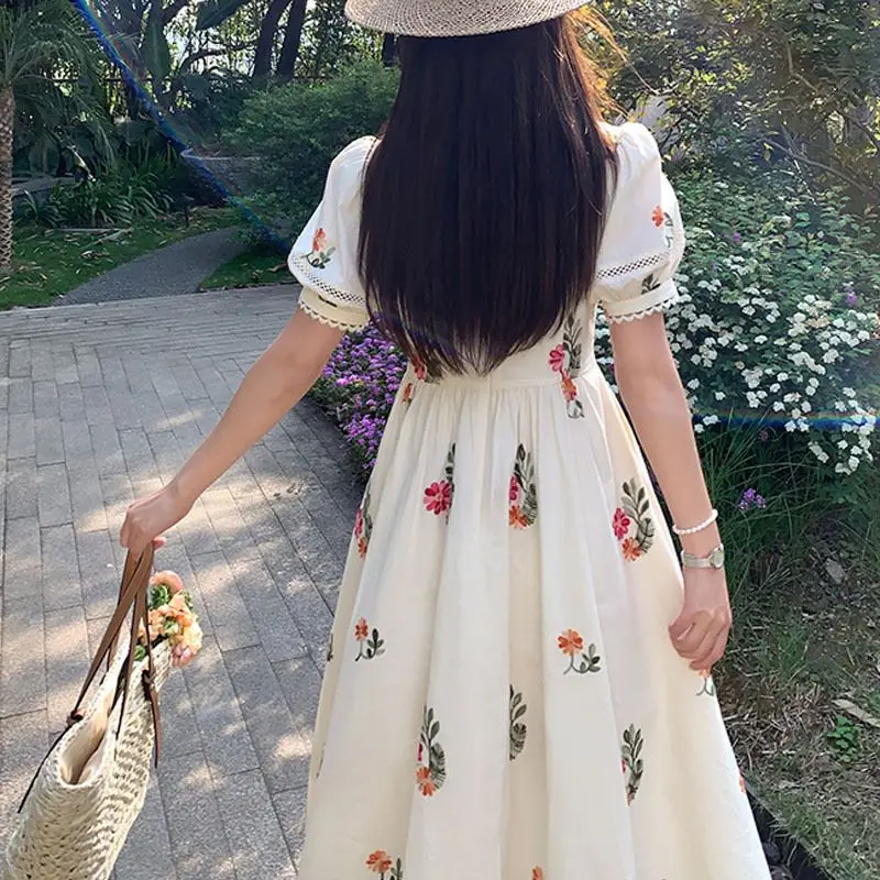 Kimotimo French Romantic Floral V Neck Midi Dress Women Summer Puff Sleeve High Waist Beach Dresses Prairie Chic Print Vestidos