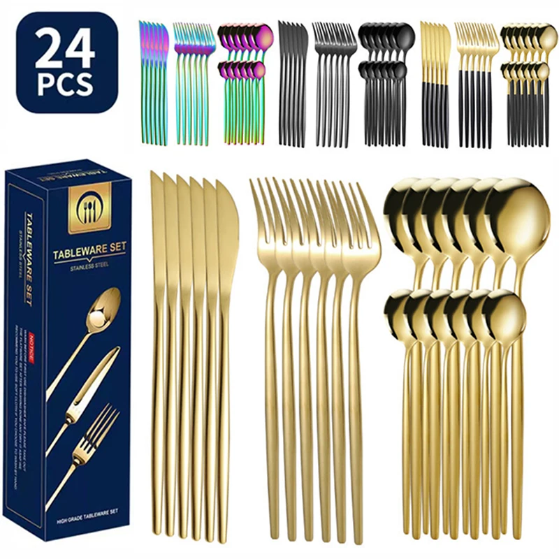 24pc/pack Titanium Plated Gold Gift Box Stainless Steel Knife Fork Spoon Tableware Flatware Set Festival Kitchen Dinnerware Gift