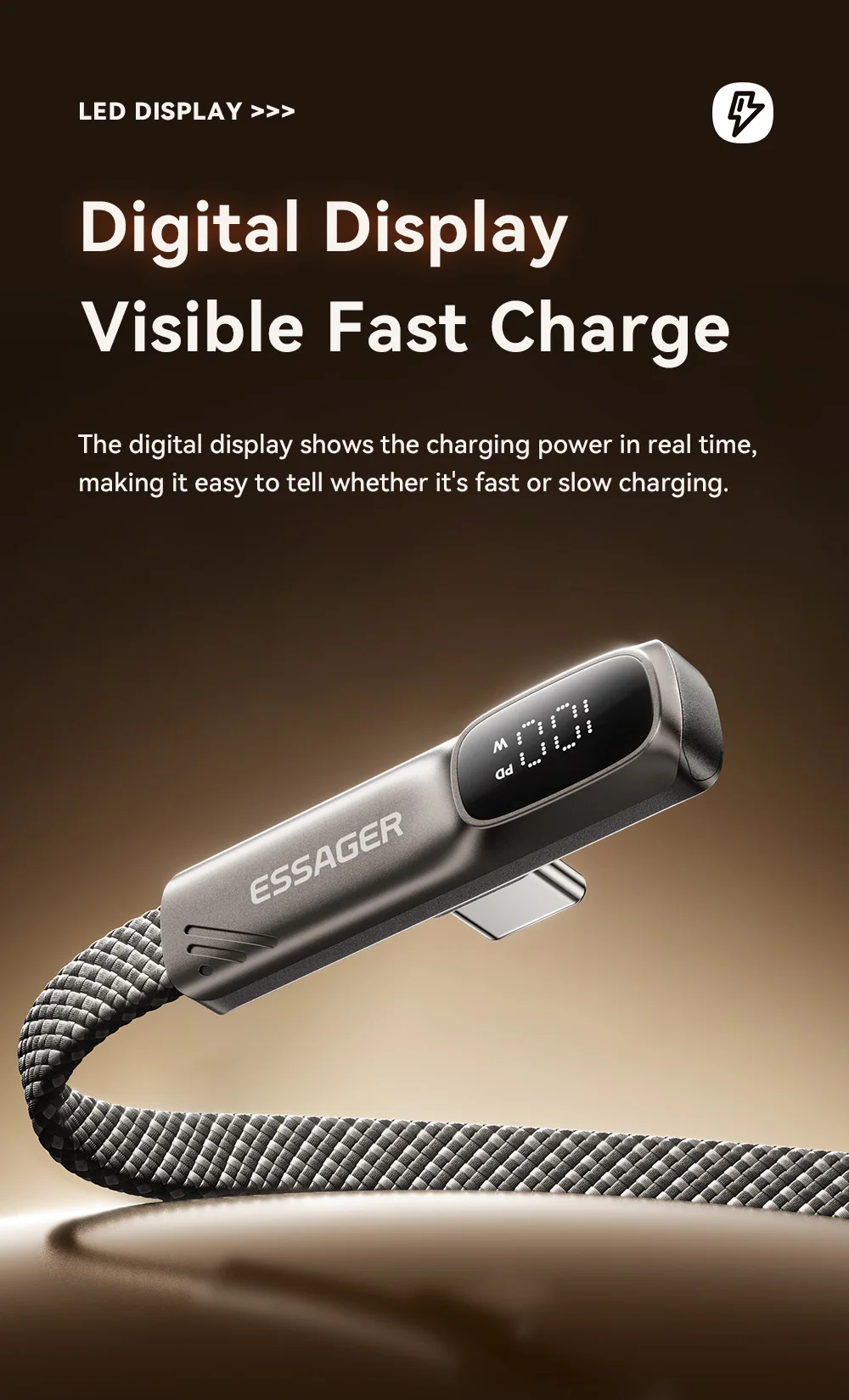 Essager Elbow 7A USB-auf-Typ-C-Kabel mit Digitalanzeige, Schnellladekabel 100W 88W für Huawei, Honor, Oneplus, Samsung – Detail 6