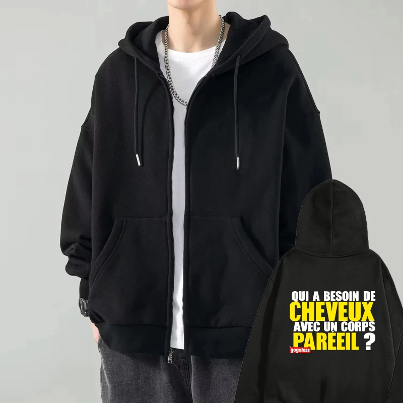 

Mens Hooded Jacket Black Printed Funny Text Who Needs Hair With Such A Body Casual Streetwear Sweatshirt For Men