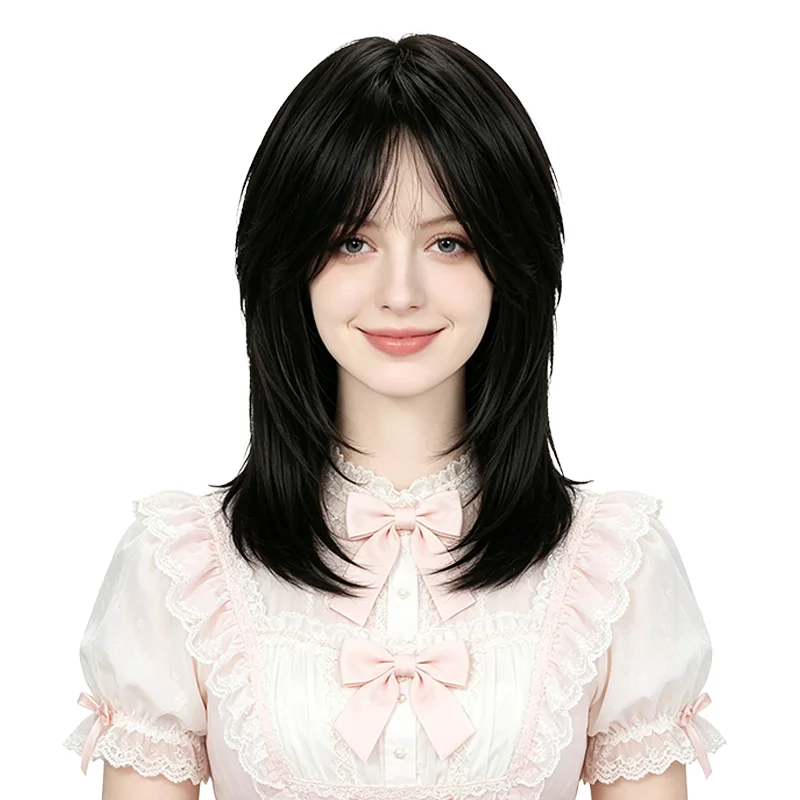 45cm Black Mullet Wigs For Women Natural Layered Wolf Cut Medium Length Synthetic Heat Resistant Wig Daily Cosplay Party Wear