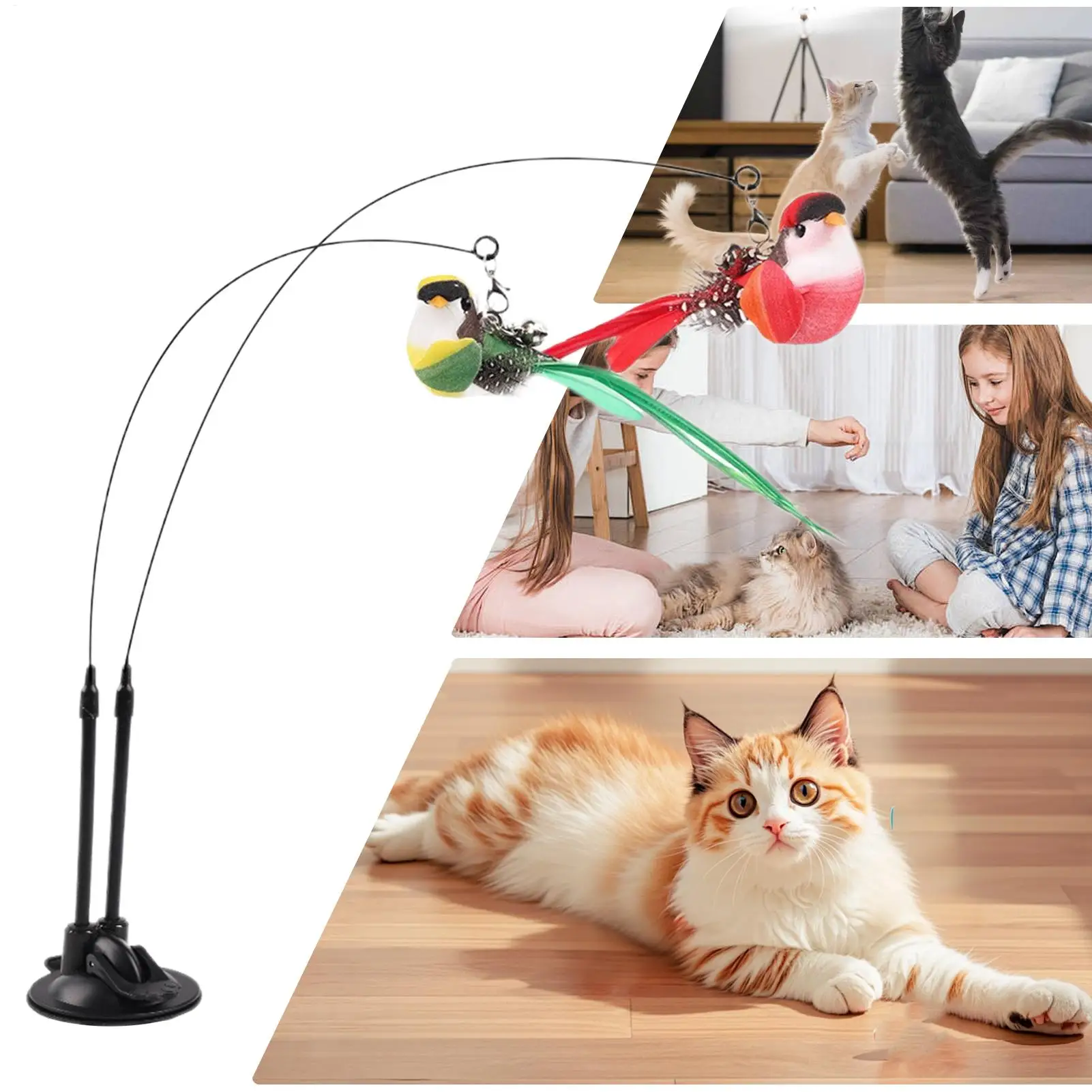 Simulierter Vogel-Katzenspielstab mit Glocke, Saugnapf, Doppelstange, Katzenangel, langer Stab, 2 Vögel, zum Necken der Katze, Katzenspielzeug