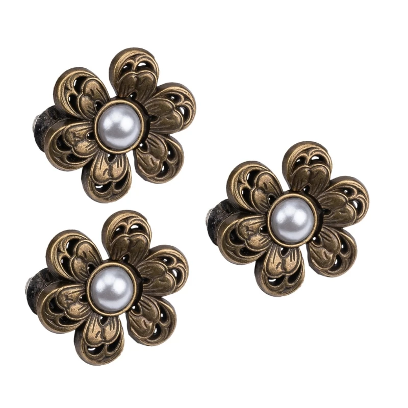 3PCS Pearls Flower Waist Buckle Cincher Clip Waist Brooch Hook for Jeans Pants Plated Waist Tightener Clip Skirt Adjuster