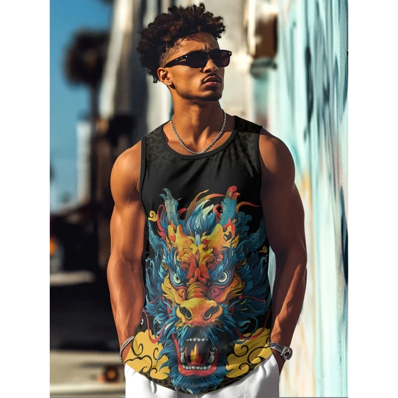 Vintage Chinese Loong Pattern Tank Tops For Men Colorful Gradient 3D Print Tees Summer Loose Sports Round Neck Vest Street Tops