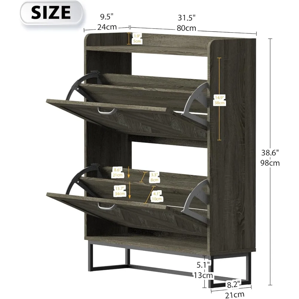 خزانة تخزين الأحذية على طراز المزرعة مع درجين، منظم أحذية ضيق للمدخل، رف مخفي بأرجل معدنية