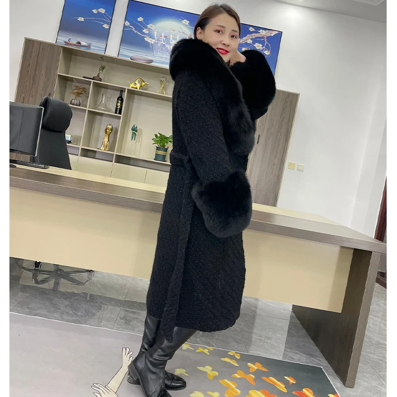 2023 New Winter Women Wool Blends Long Coat Real Fox Fur Collar Cuffs Thick Warm Jacket Tweed New Luxury Outwear Female Coat