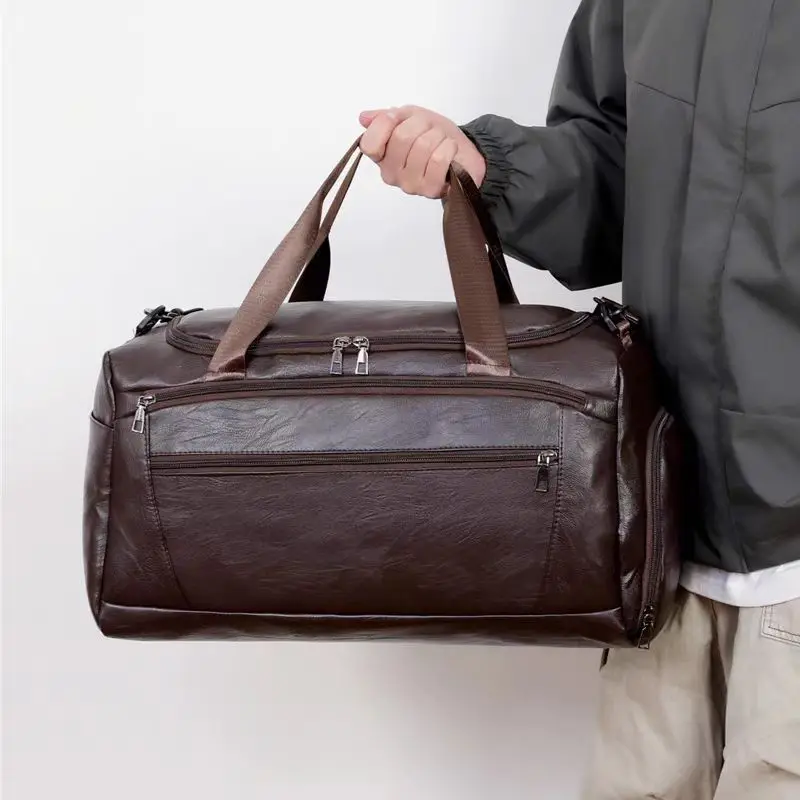 Black Brown PU Leather Travel Duffel Shoulder Bag Large Capacity Weekender Overnight Crossbody Luggage Handbag for Business Gym