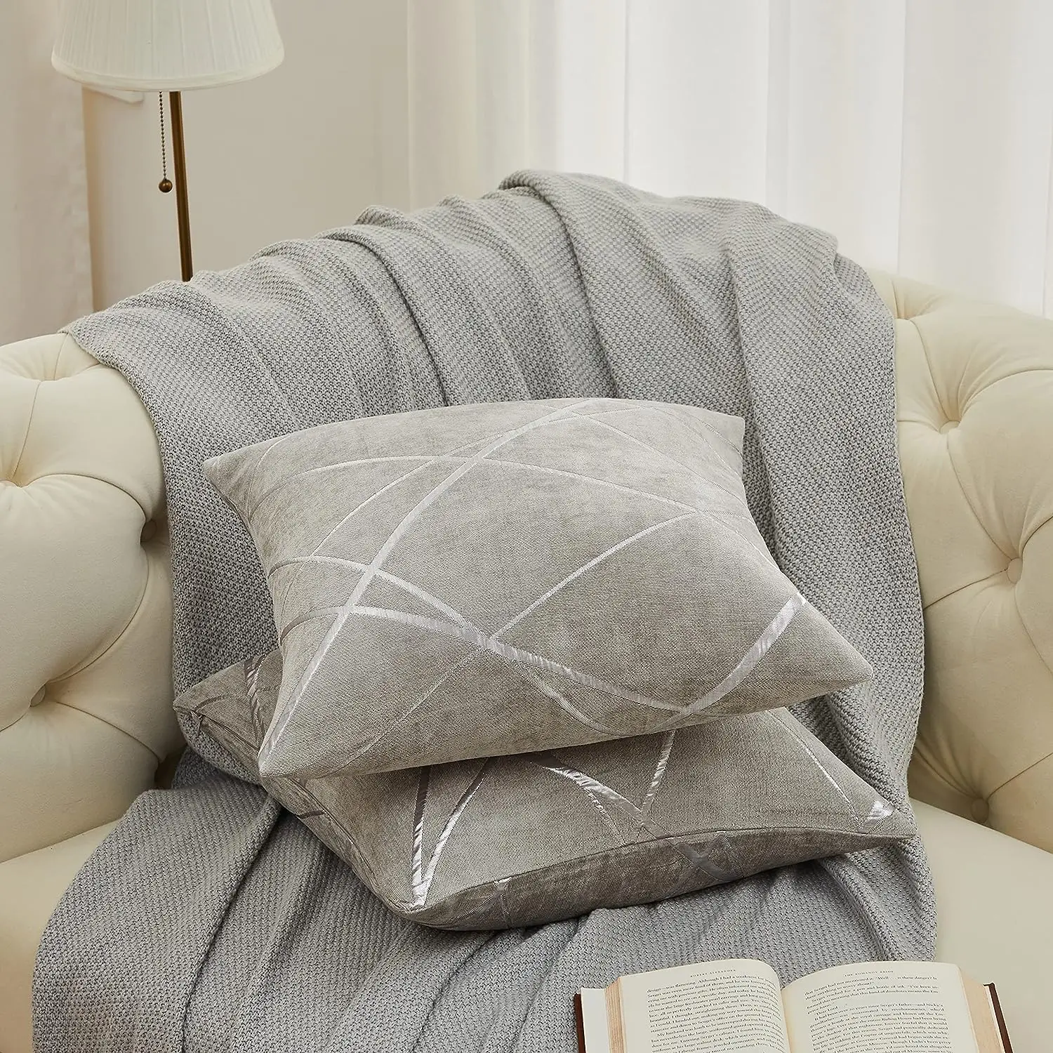 2 Set Decorative Grey Throw Pillow Covers 18 x 18,Sofa Thick Silver Stripe Chenille Cushion Pillow Covers,Square Luxury Pillows