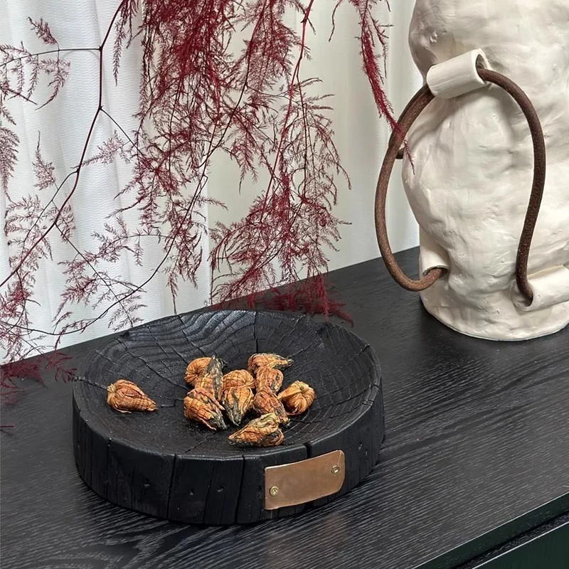 New Chinese simple geometric log fruit plate ornament living room home decoration