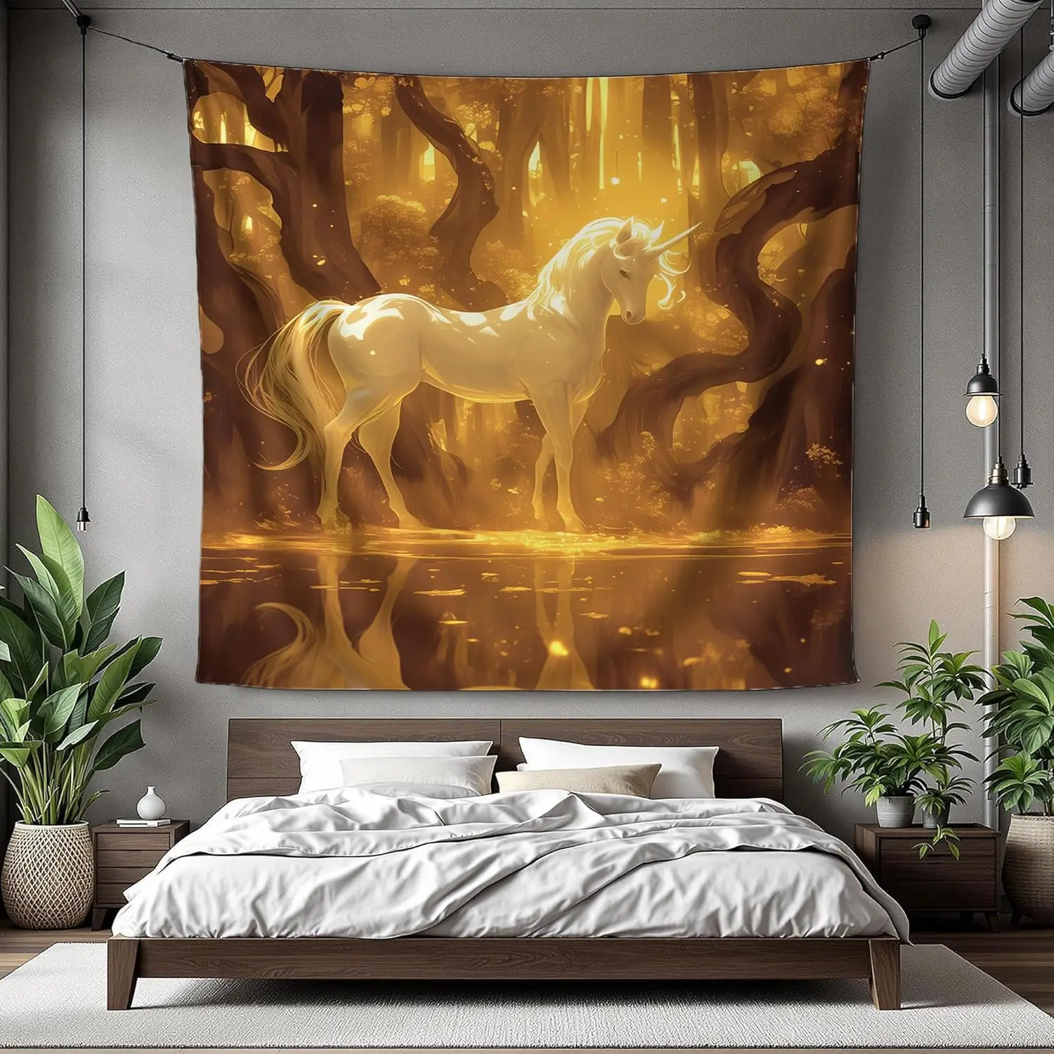 Enchanted Golden Forest Unicorn Tapestry for Reading Nook – Mystical Fantasy Animal Wall Art, Glowing Yellow Woods Wall Hanging
