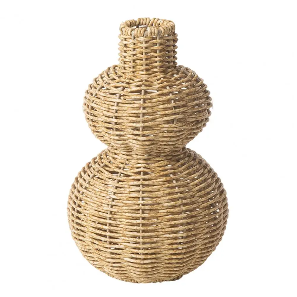 Artistic Home Ornament Boho Gourd Shaped Woven Vase Farmhouse Rattan Flower Holder Rustic Tabletop Planter for Dried Artificial