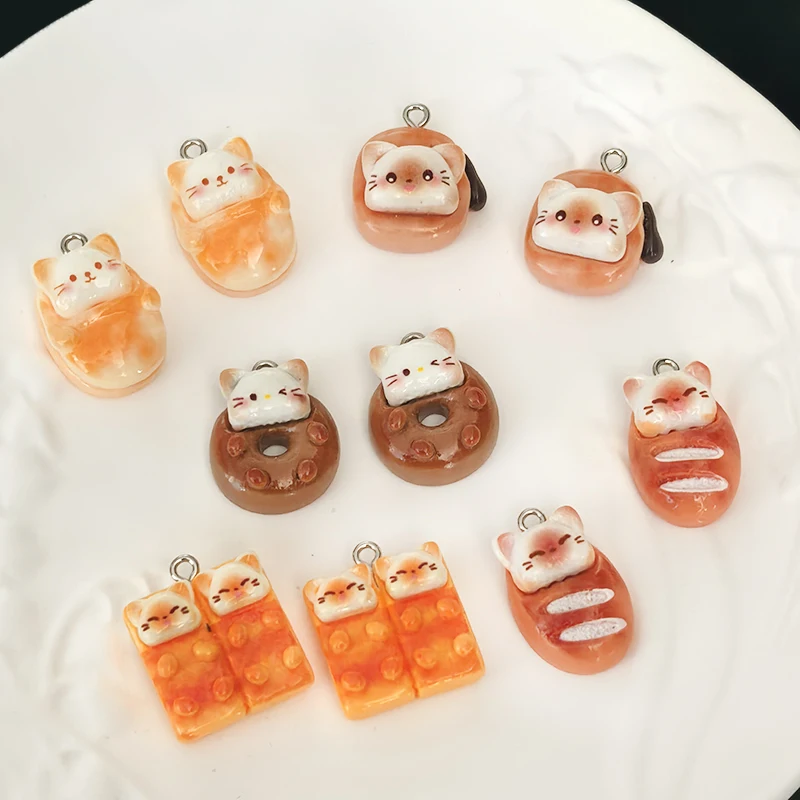 10 قطعة/الحزمة القط شكل دونات الخبز الراتنج السحر لطيف الغذاء القرط قلادة قلادة هريرة المفاتيح صنع المجوهرات DIY الإكسسوارات