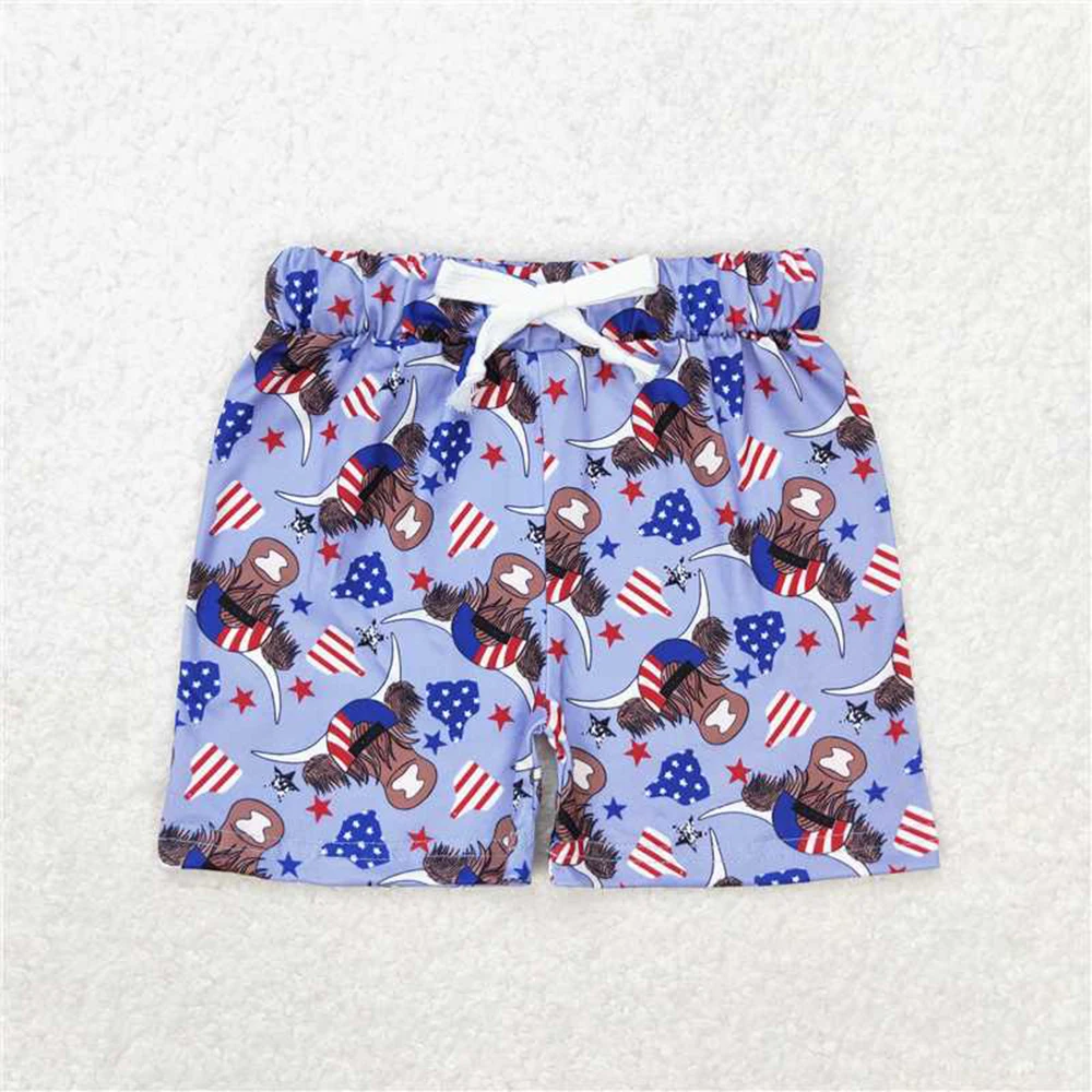 Wholesale 4th of July summer shorts hot sale western boutique clothing for baby boys clothes Alpine bull head star blue shorts