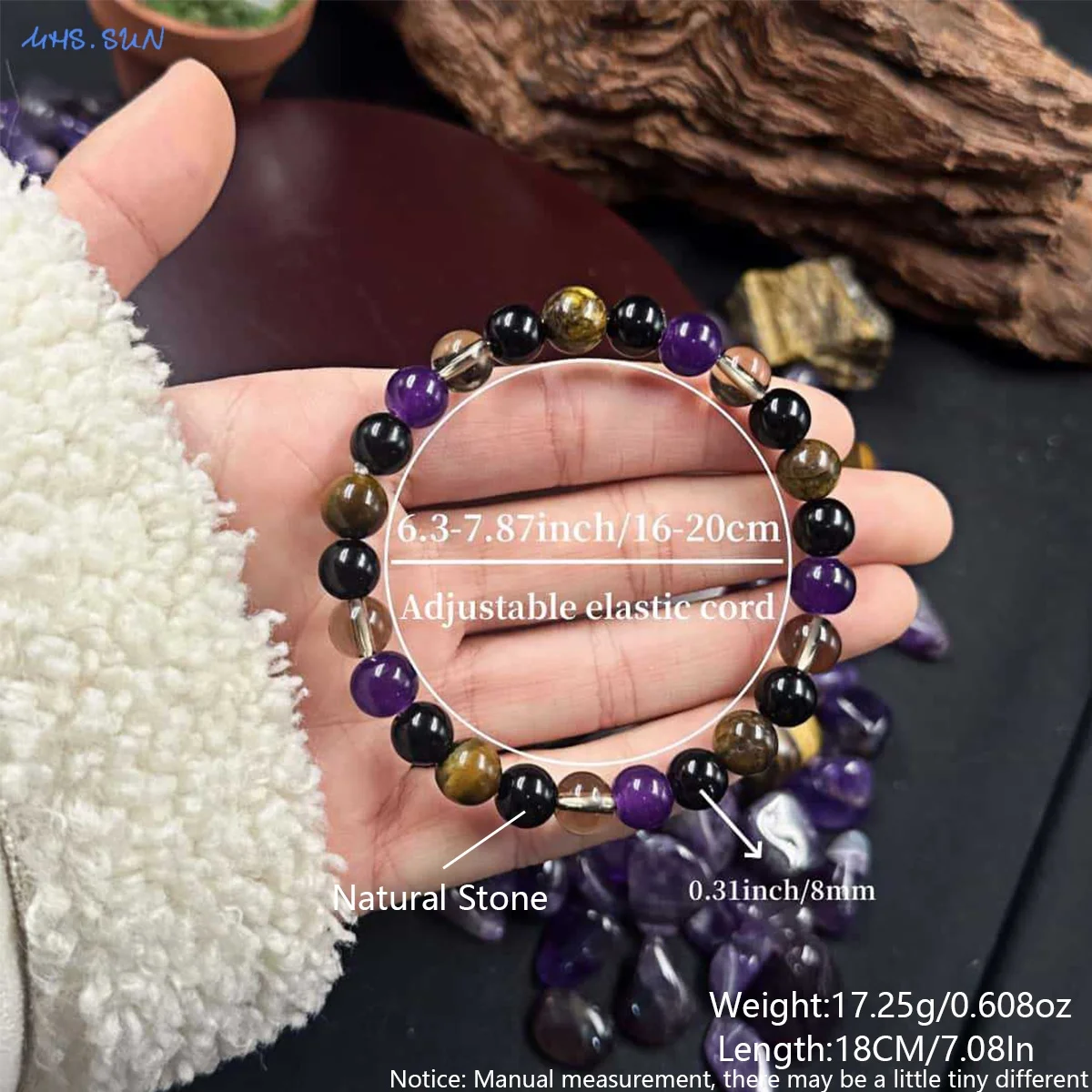 Yellow Tiger Eye Purple Crystal Natural Stone Bracelet Elastic Bracelet Fashion Handmade Jewelry Men's Handstring Gift