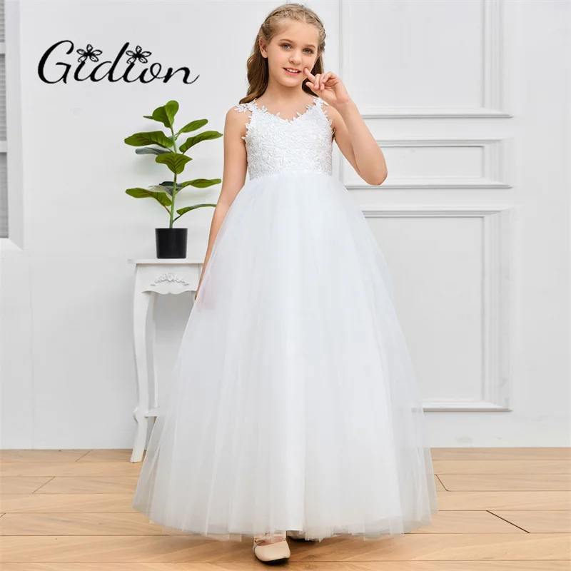 Sleeveless Lace With Mesh Open Back Bow Long Dress Wedding Birthday Party Photography Flower Girls Dress For 2-14yrs Kids