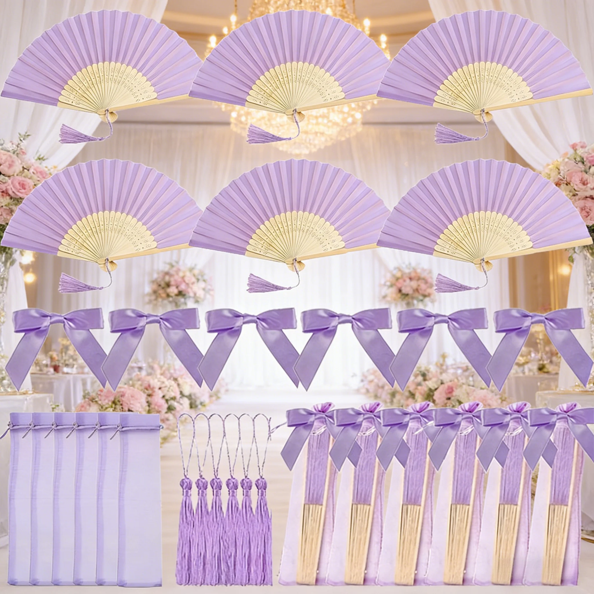 12 sets Party Favor Packs Wedding Gift Fan Set| Ladies' Handheld Folding Fans with Bows and Tassels, Transparent Mesh Bag, De