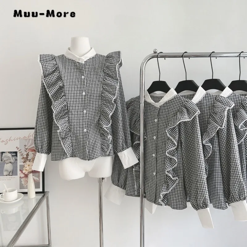 

2023 Autumn Winter French Vintage Patchwork Ruffled Hecked Mock Neck Single Breasted Blouse for Women Puff Sleeves Chic Shirt