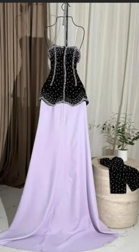 Sukienki wieczorowe bez ramiączek z baskinką w kolorze fioletowo-czarnym dla kobiet, zdobione koralikami, eleganckie vestidos de fiesta.
