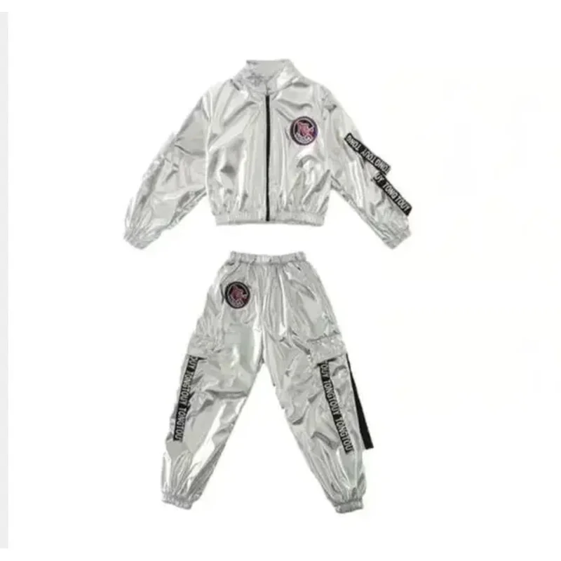 1Set/Lot Boy Girl Hip-Hop Set Silver Color Children Performance Jazz Clothes Dance Costume MN4