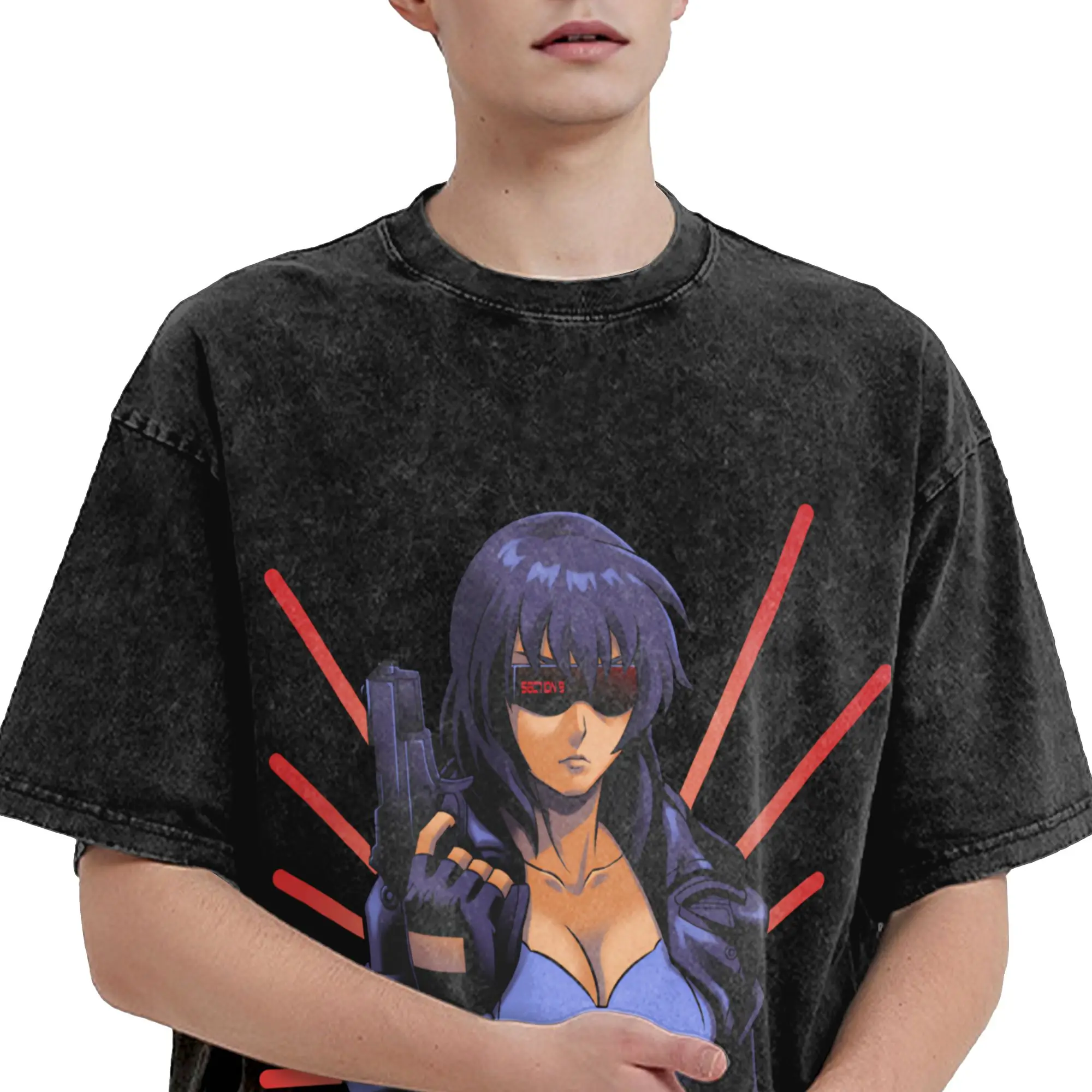 The Major Ghost In The Shell  T Shirts Hip Hop Washed 100% Cotton Street T-Shirts  Vintage for Men Women Streetwear