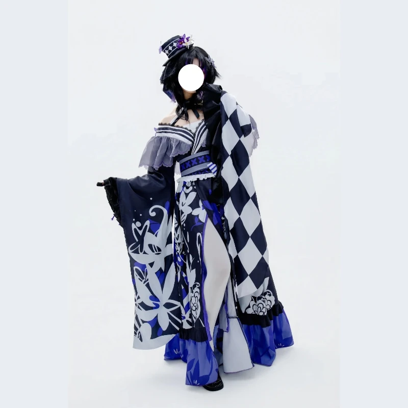 Houshou Maago Cosplay Lolita Kimono Costume Black Purple Floral Print Wide Checkerboard Sleeve Anime Mahou Shoujo No Majo Saiban