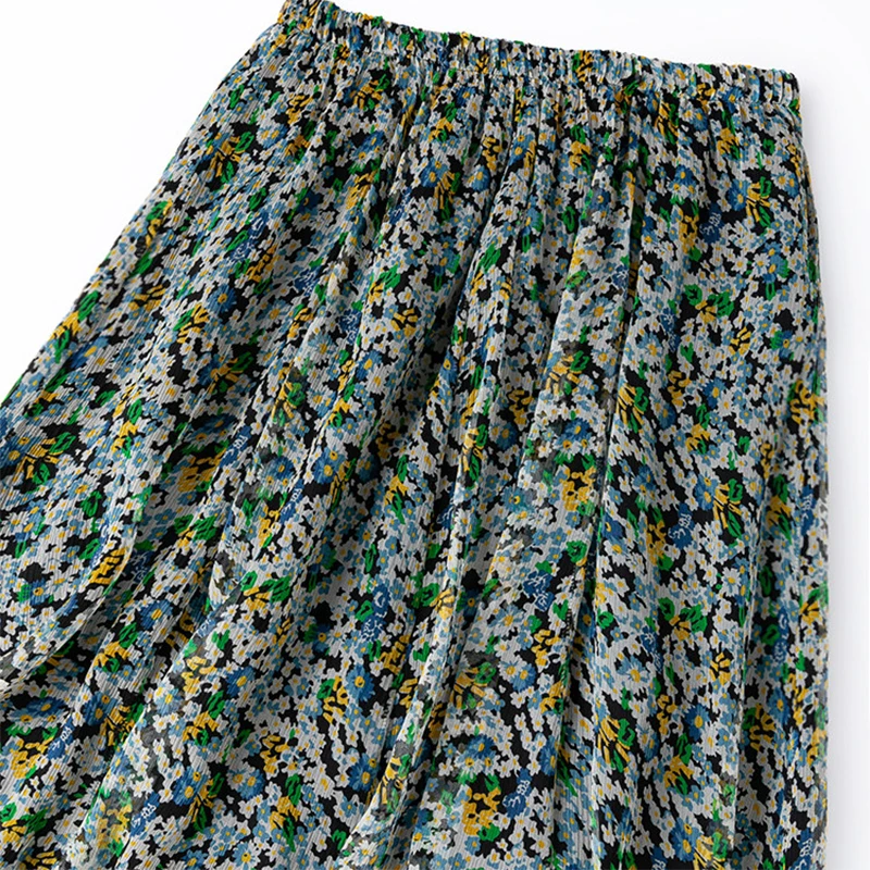 Women Silk Skirt 100% Mulberry Silk White Black Green Floral Printed Long Type Skirt With Silk Lining Summer Beach Big Hem M1538