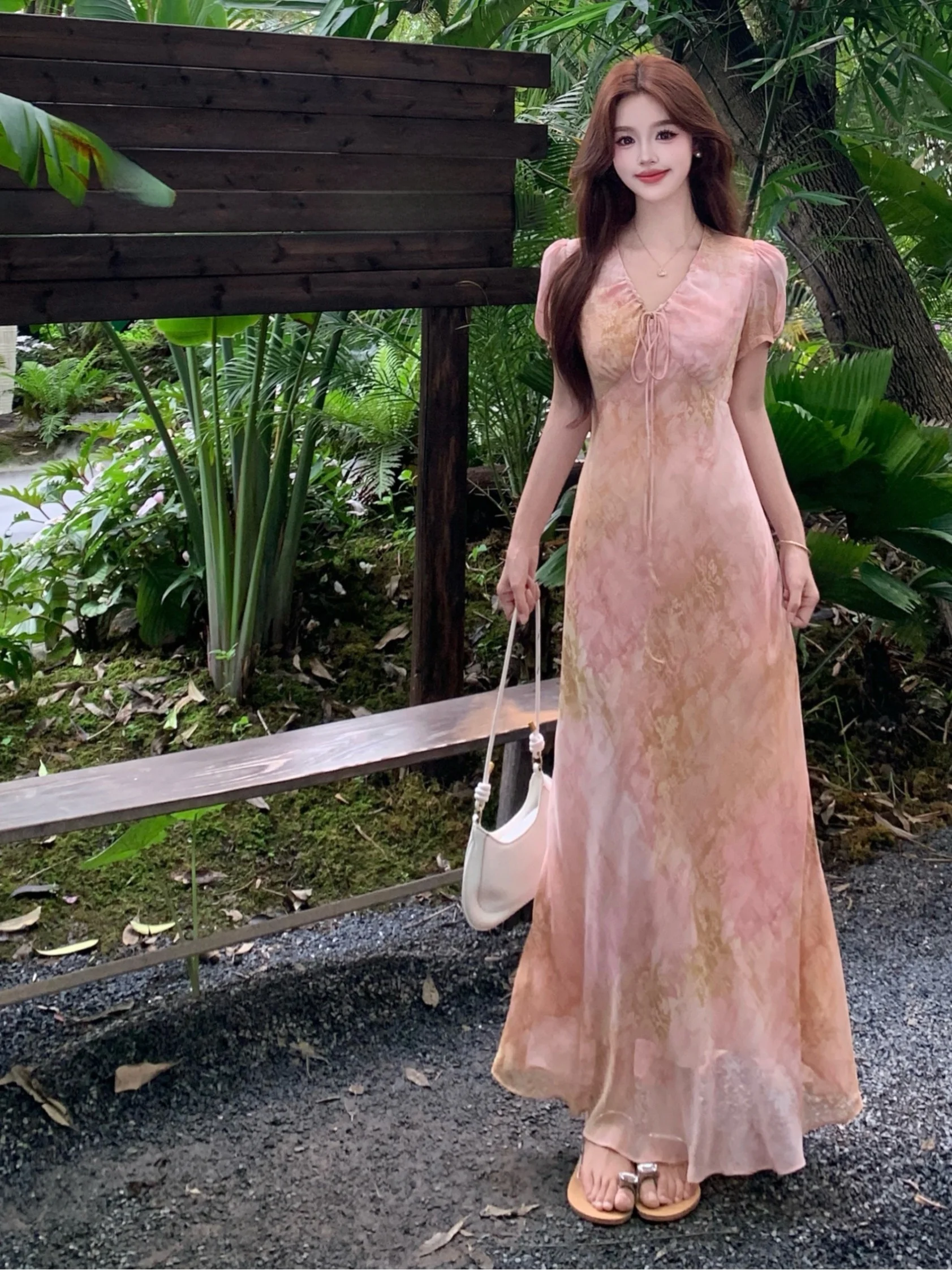

plus Size Pink V-Neck Dress Slimming Design Belted Knee-Length A-Line Skirt Korean Style Commute Bubble Sleeve Summer New