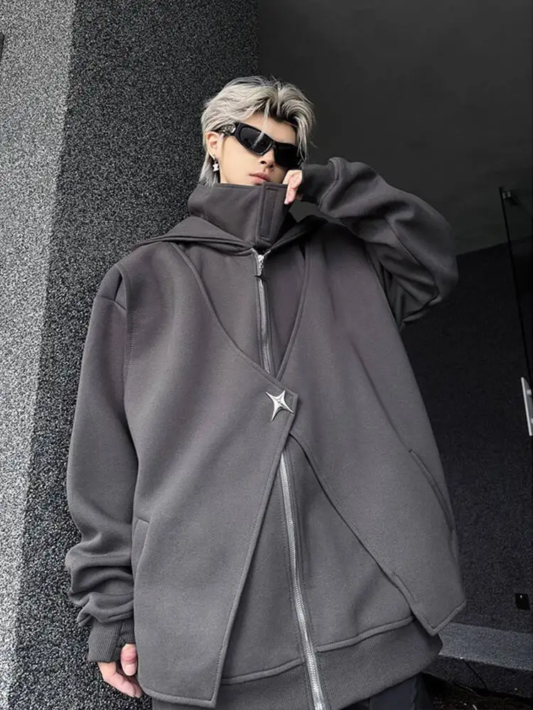 American Introvert Social Anxiety Cardigan Hoodie for Men  Spring Autumn Turtleneck Fake Two Piece Heavyweight High
