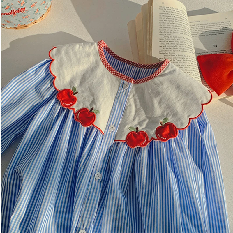 Girls Dress Cotton Clothes Children Blue Stripe Dress Long Sleeve Dress Embroidered Apples Dress Princess Costume Korean Style