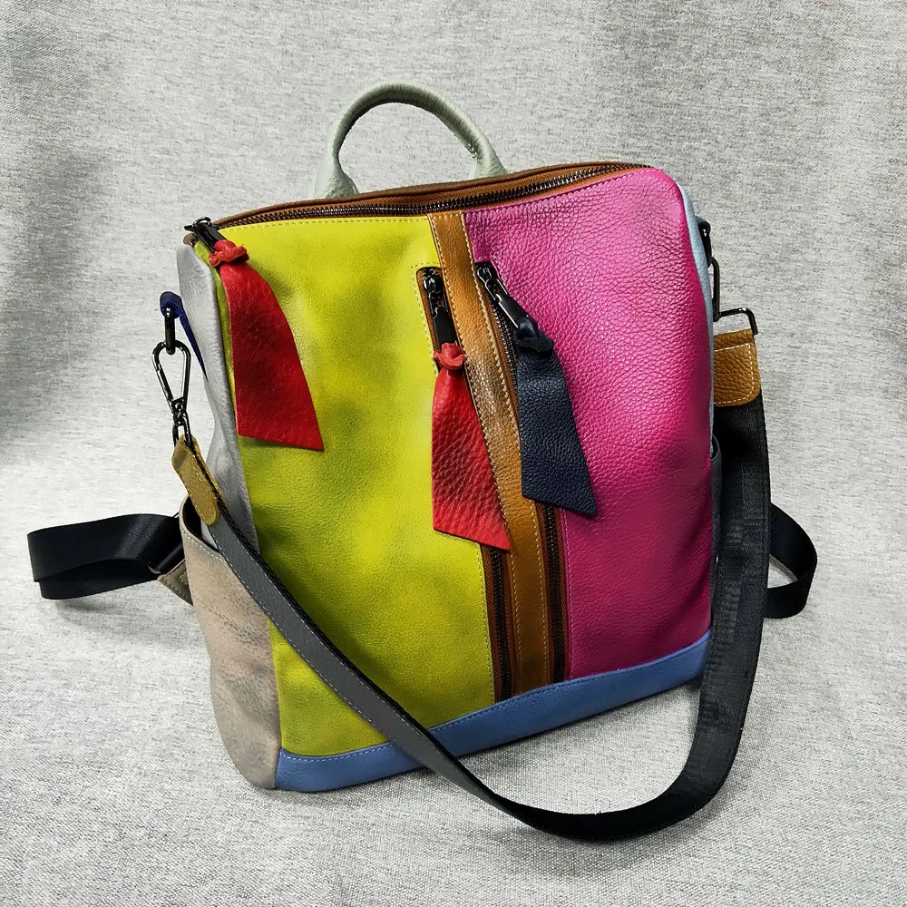 Zaino da donna in vera pelle di mucca Patchwork borsa a tracolla da viaggio antifurto da donna borsa Vintage in vera pelle