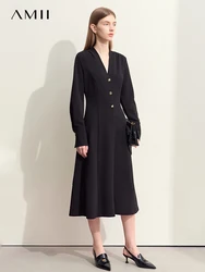 Amii Minimalism 2024 Women Dresses Autumn New Elegant V-neck Buckle Waist Fashion Office Lady Slim Long Dress Female 12443046