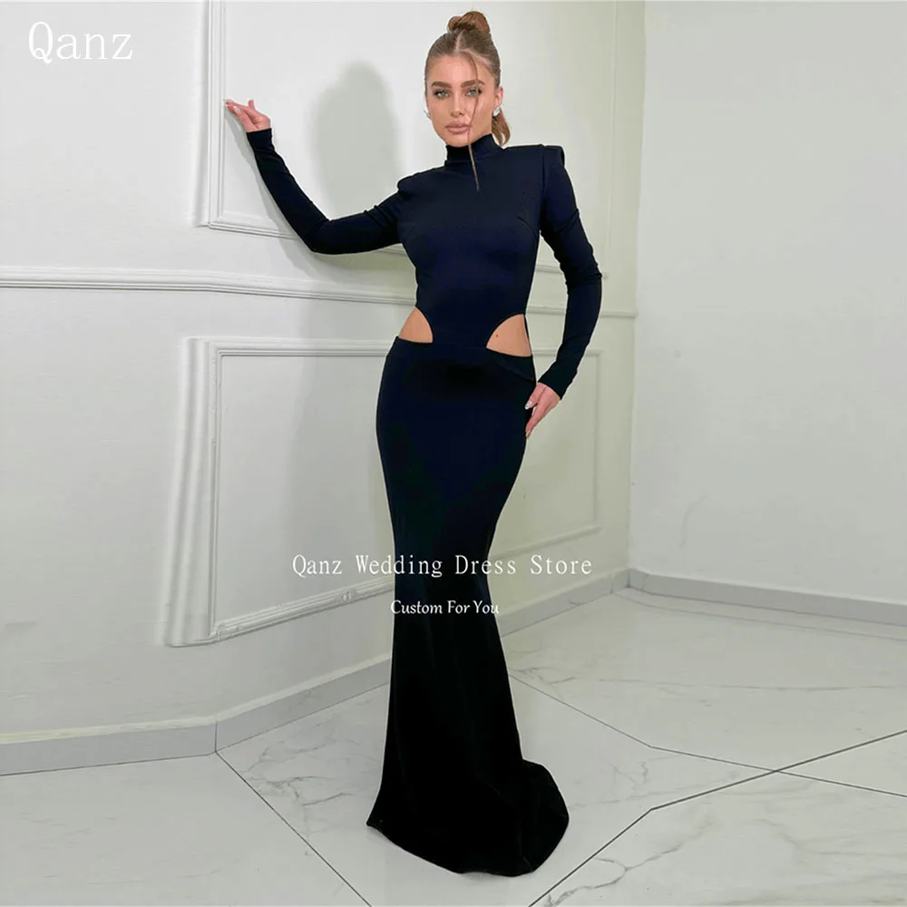 

Qanz Modern Black Prom Dresses Mermaid Long Sleeves Satin Formal Occasion Dress For Women High Neck Robes De Soirée Customized