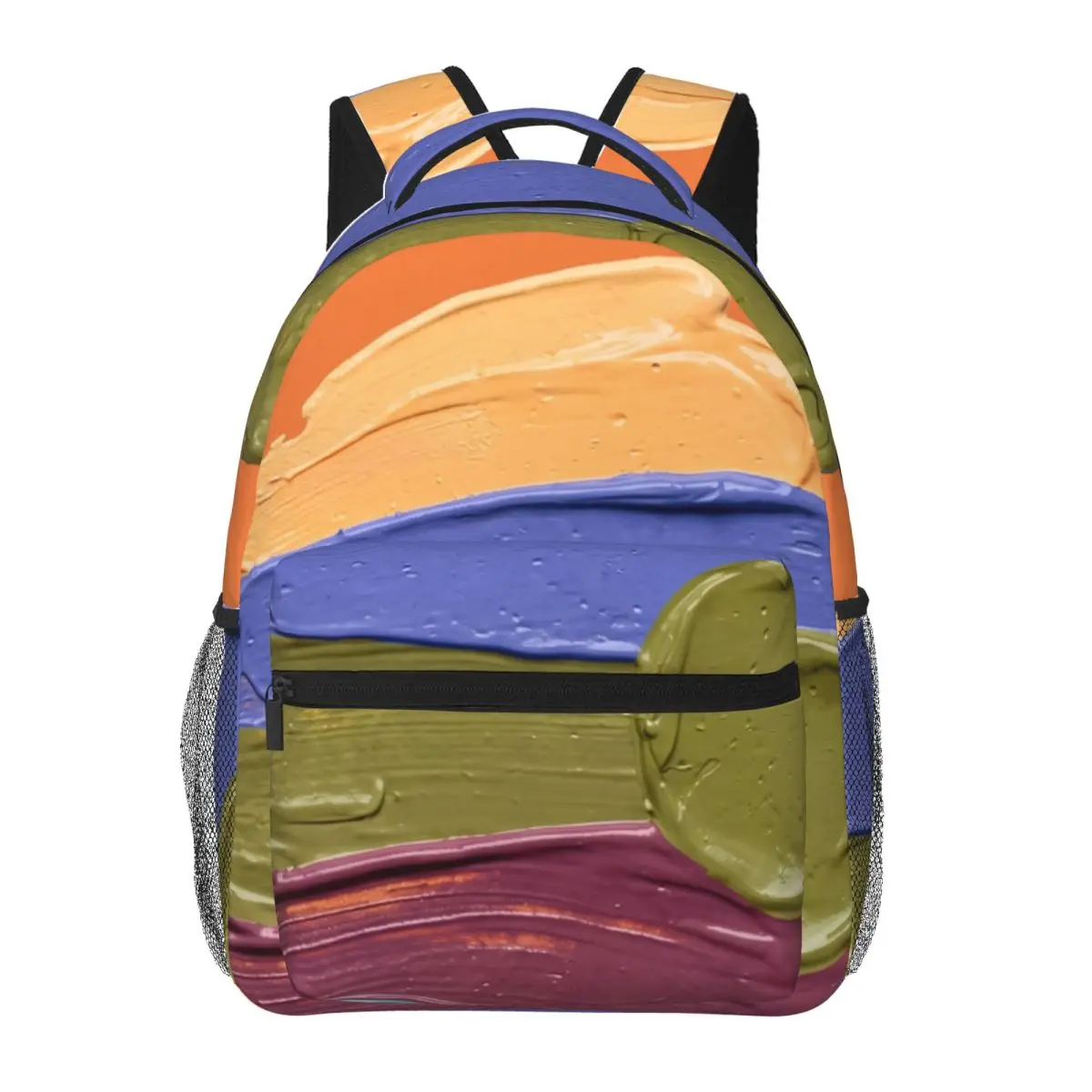 College Campus Backpack Center Paint Strokes Modern Abstract Orange Multi Color Polyester Bookbag for Laptop Work Library Travel