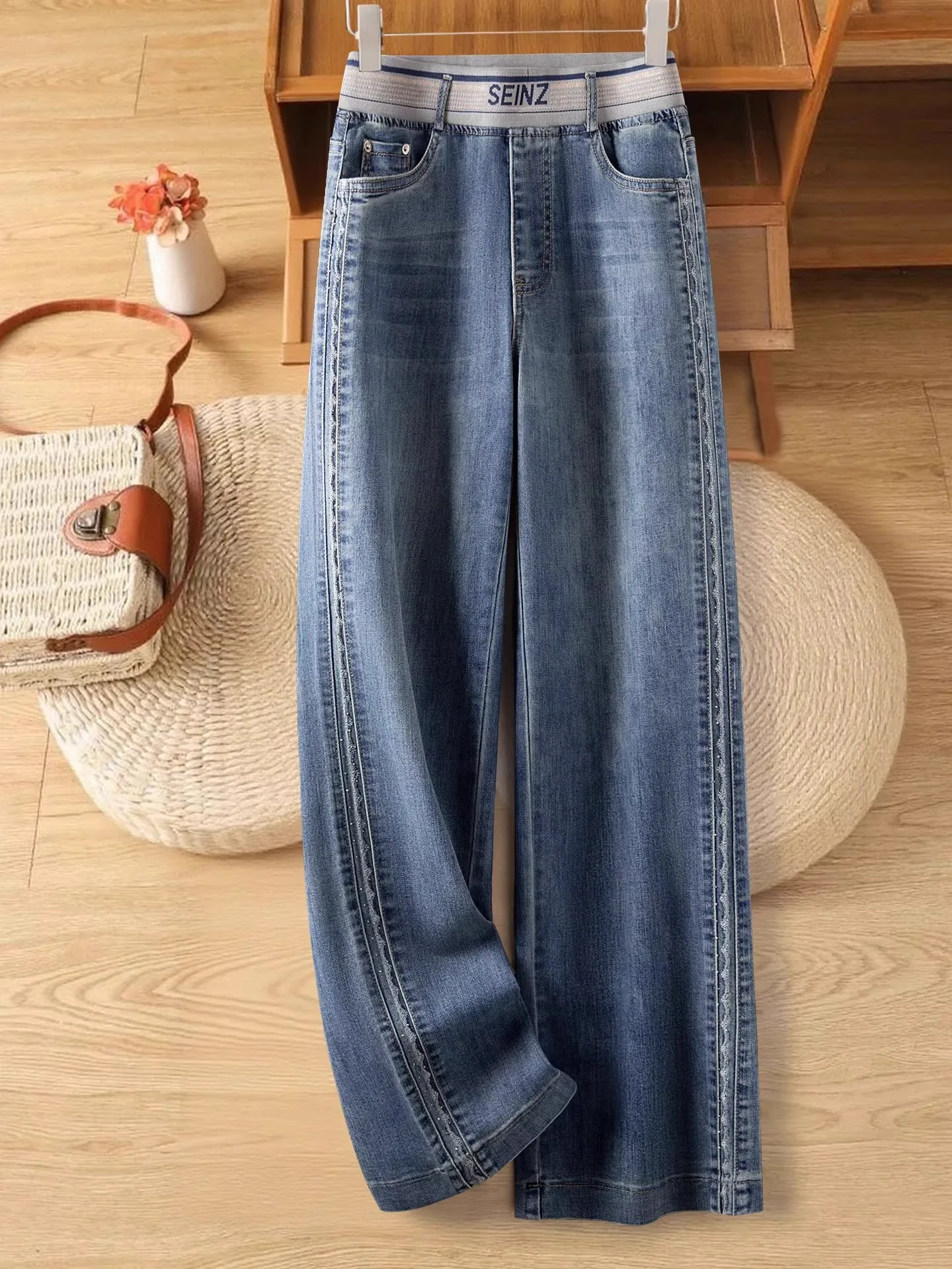 

Синие широкие джинсы с высокой талией и прямым кроем, женские осенне-зимние новые эластичные утягивающие повседневные джинсовые брюки больших размеров